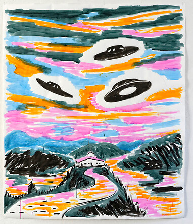 UFOs über dem Obersalzberg – 2018, Tusche, Bleistift auf Papier, 190x150 cm