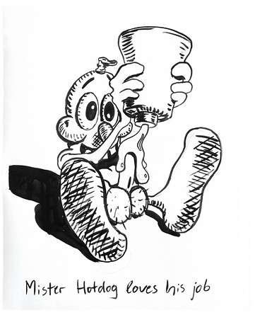 Mister Hotdog loves his job &ndash; 2020, Tusche auf Papier, 100x80 cm